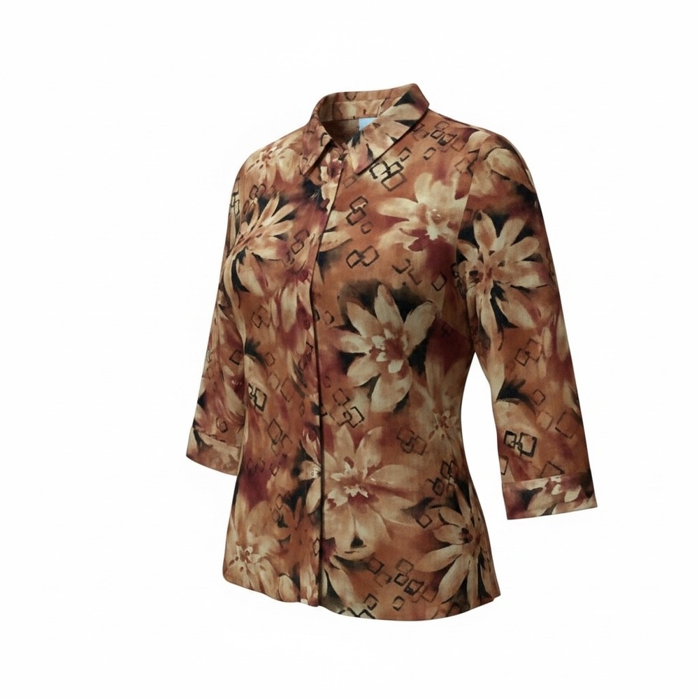 Alfred Dunner Women Rust Floral Button Down Blouse 3/4 Sleeve Size 10